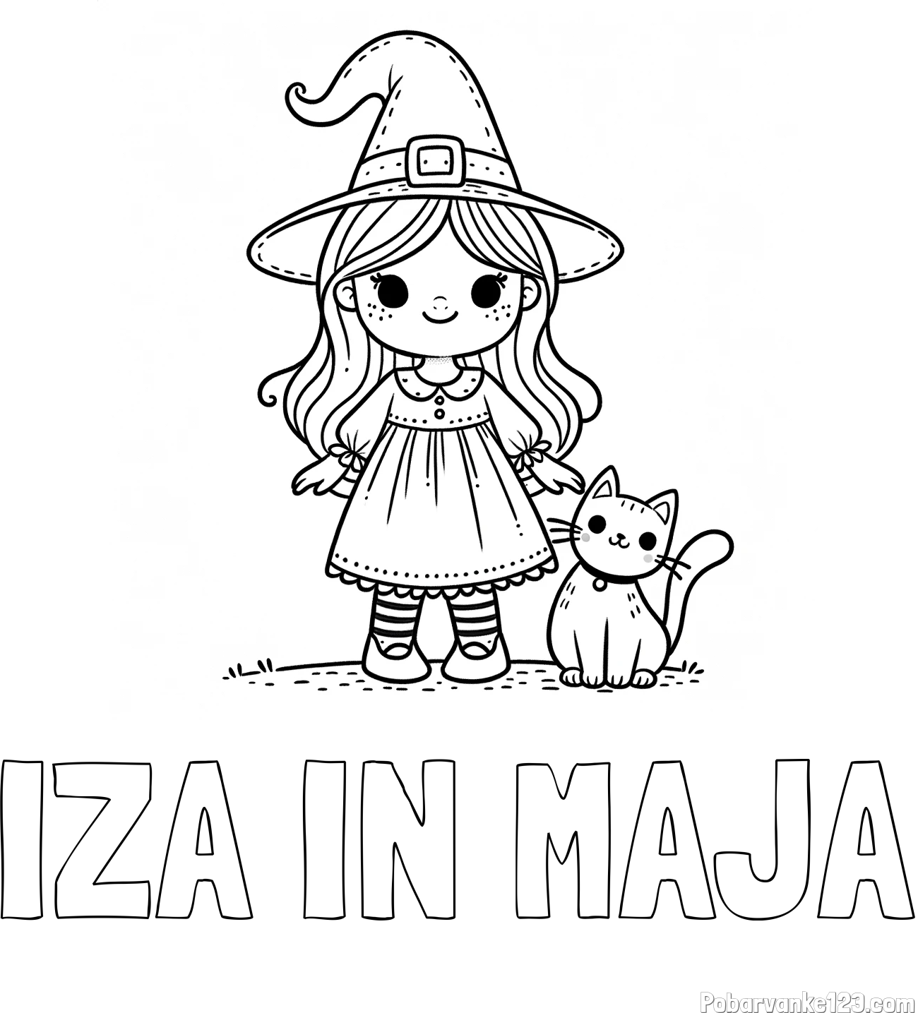Pobarvanka imena IZA IN MAJA in Čudovita pobarvanka ljubke čarovnice in nasmejane mačke