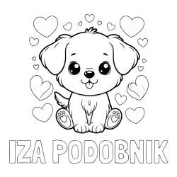 Online izdelana pobarvanka - Pobarvanka imena IZA PODOBNIK in pobarvanka ljubkega kužka obdanega s srčki