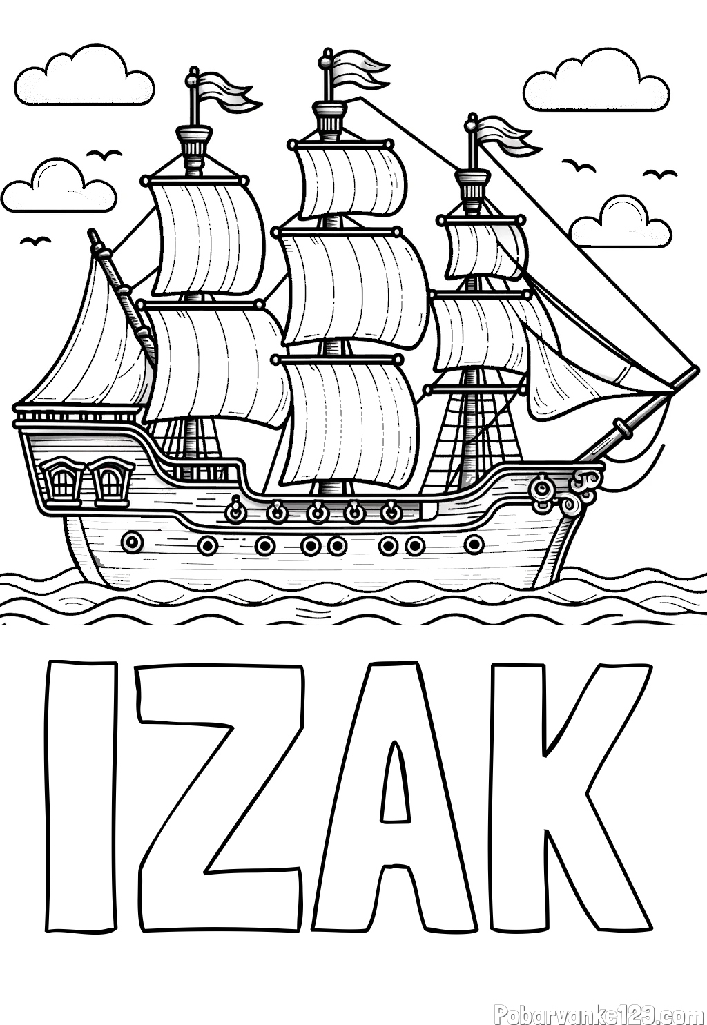 Pobarvanka imena IZAK in pobarvanka stare gusarske ladje