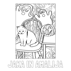 Online izdelana pobarvanka - Pobarvanka imena JAKA IN AMALIJA in pobarvanka mačke, duhcev ter velike nasmejane buče za noč čarovnic