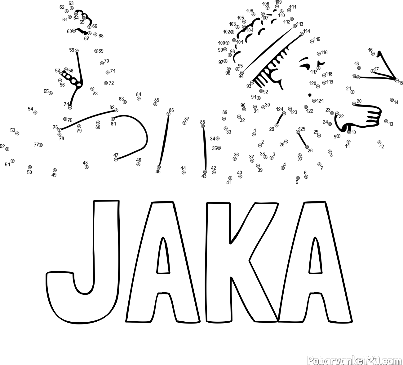 Pobarvanka imena JAKA in pobarvanka deklice - poveži številke od pike do pike