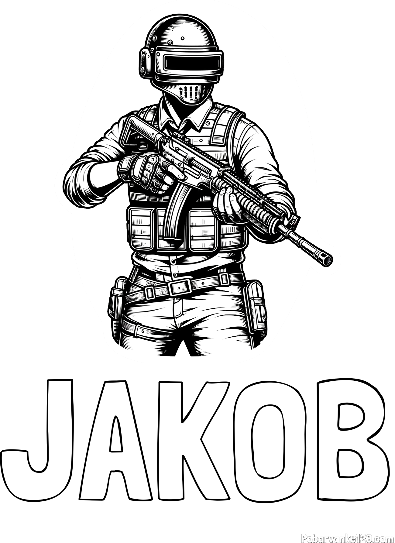 Pobarvanka imena JAKOB in pobarvanka PUBG osrednjega lika v bojnem položaju