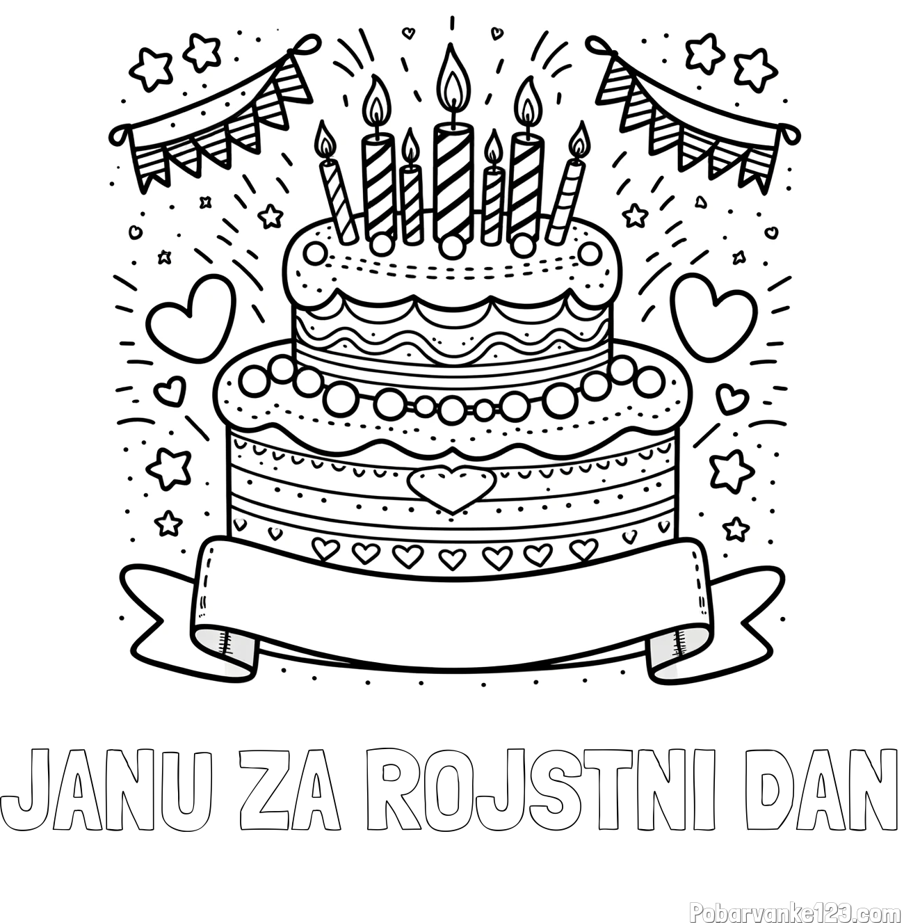 Pobarvanka imena JANU ZA ROJSTNI DAN in pobarvanka velike torte za rojstni dan