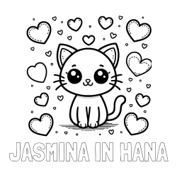 Online izdelana pobarvanka - Pobarvanka imena JASMINA IN HANA in pobarvanka ljubke mucke obdane z veliko srčki