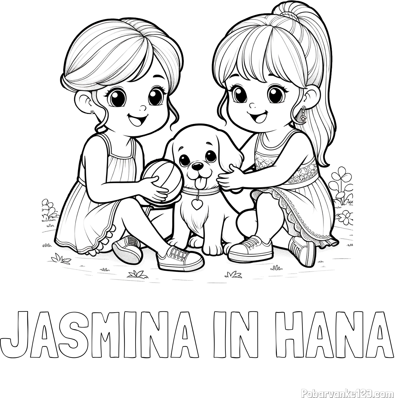 Pobarvanka imena JASMINA IN HANA in pobarvanka prijateljic s kužkom