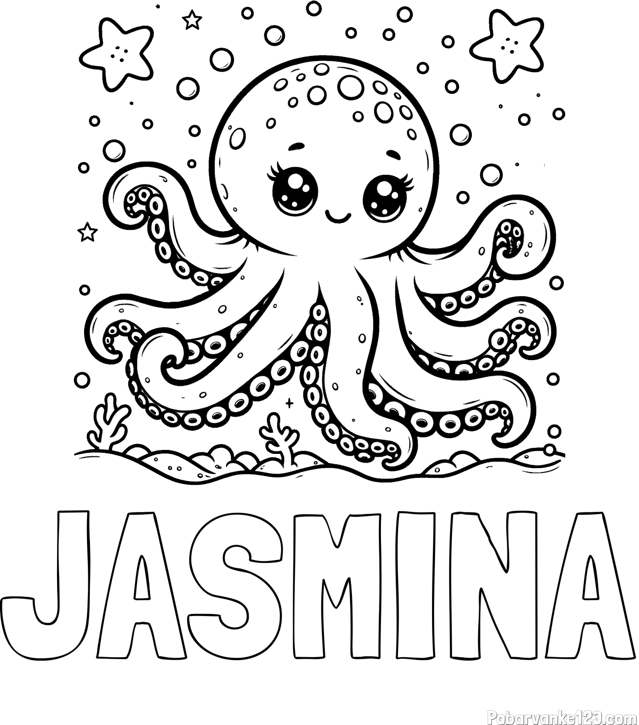 Pobarvanka imena JASMINA in pobarvanka hobotnice v morju obdane z morskimi zvezdami
