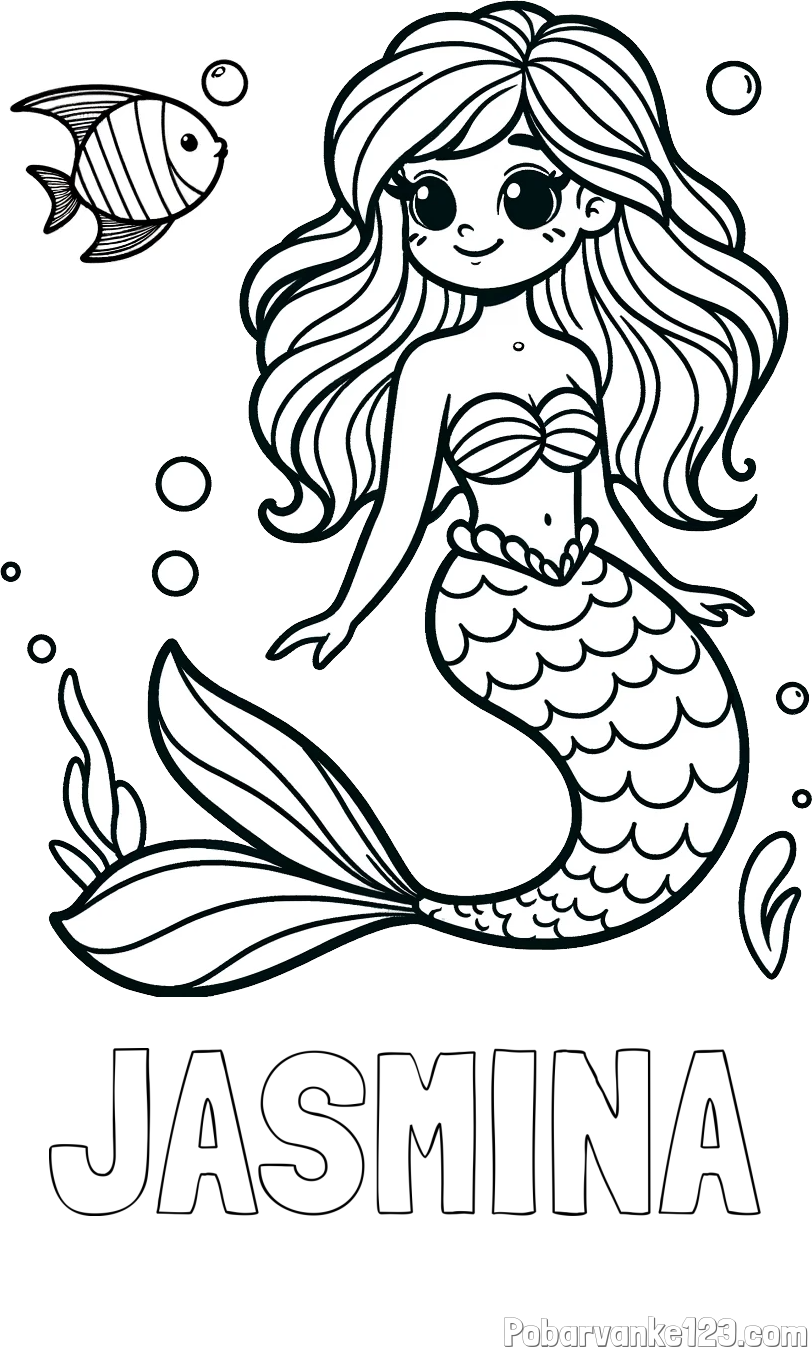 Pobarvanka imena JASMINA in pobarvanka male morske deklice in ribice