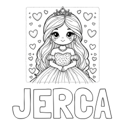 Online izdelana pobarvanka - Pobarvanka imena JERCA in pobarvanka ljubke princese obdane s srčki