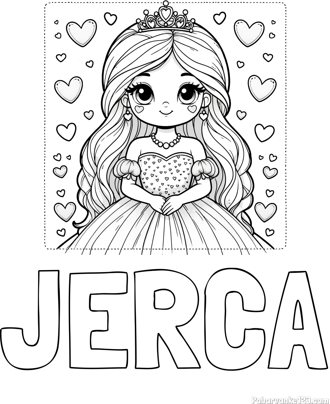 Pobarvanka imena JERCA in pobarvanka ljubke princese obdane s srčki