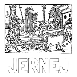 Online izdelana pobarvanka - Pobarvanka imena JERNEJ in stara pobarvanka kmečkih opravil (oranje, žetev pšenice...)