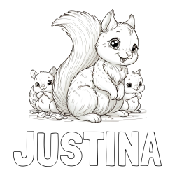Online izdelana pobarvanka - Pobarvanka imena JUSTINA in pobarvanka veveričje družine