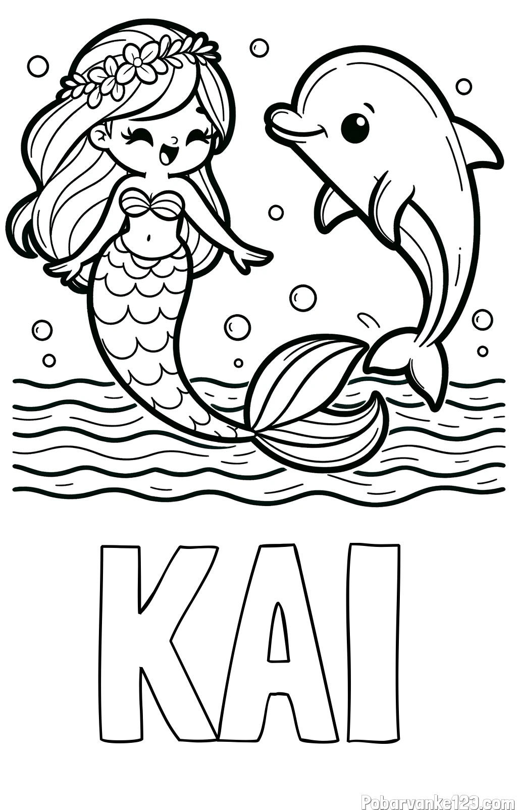 Pobarvanka imena KAI in pobarvanka ljubke morske deklice, ki pleše z delfinom