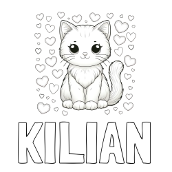 Online izdelana pobarvanka - Pobarvanka imena KILIAN in pobarvanka ljubke mucke obdane s srčki