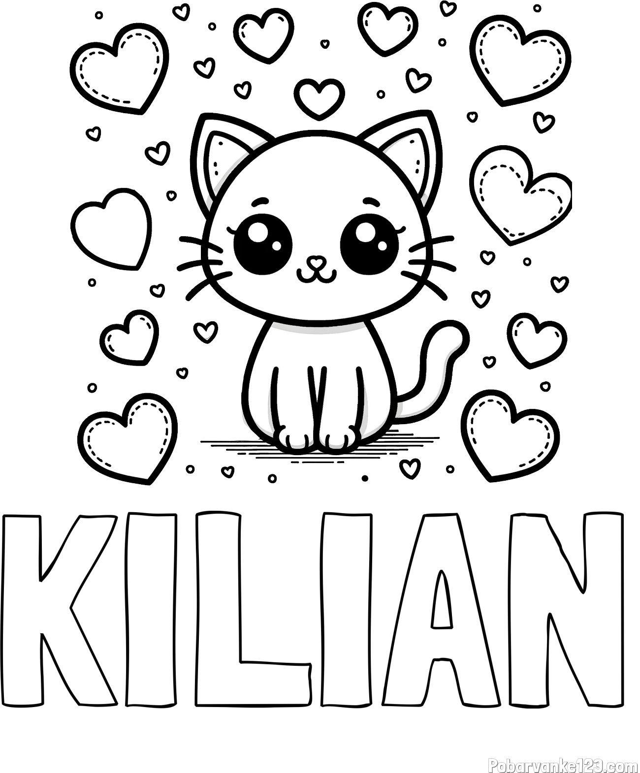 Pobarvanka imena KILIAN in pobarvanka ljubke mucke obdane z veliko srčki
