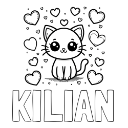 Online izdelana pobarvanka - Pobarvanka imena KILIAN in pobarvanka ljubke mucke obdane z veliko srčki