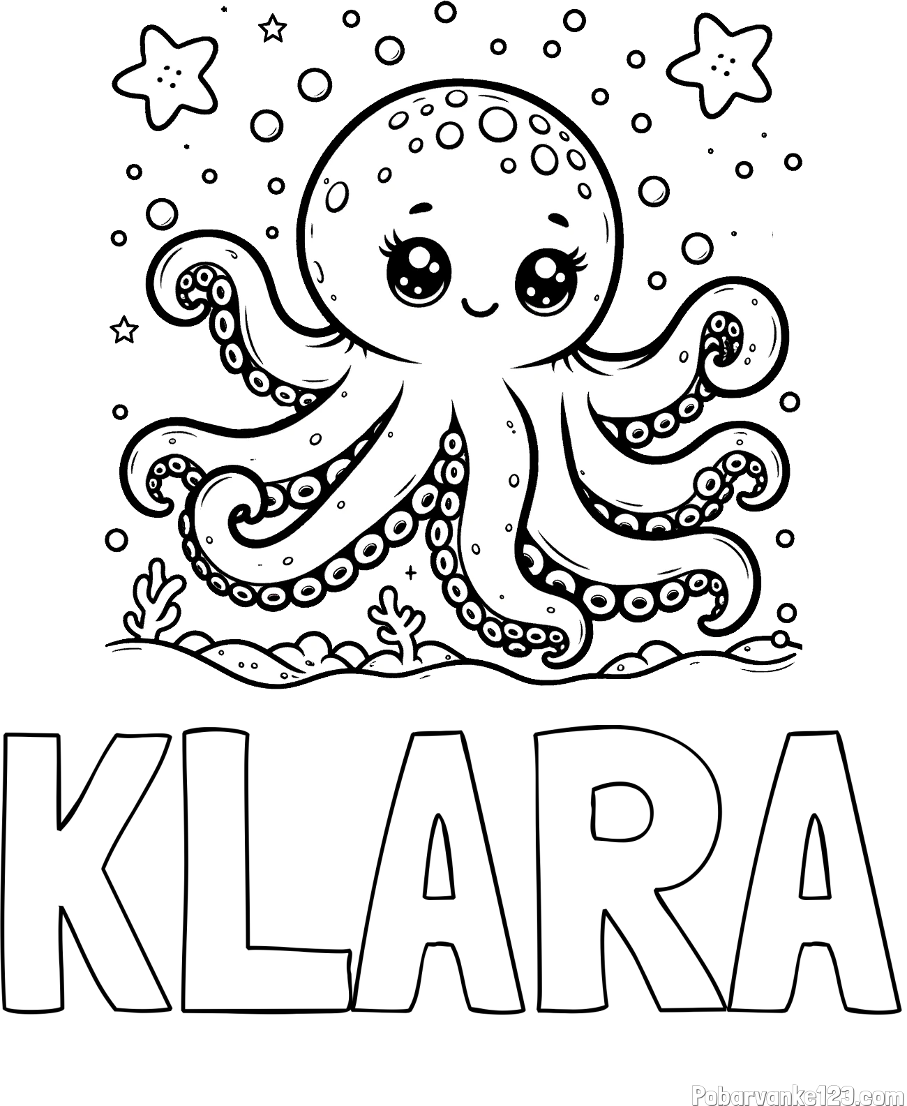 Pobarvanka imena KLARA in pobarvanka hobotnice v morju obdane z morskimi zvezdami