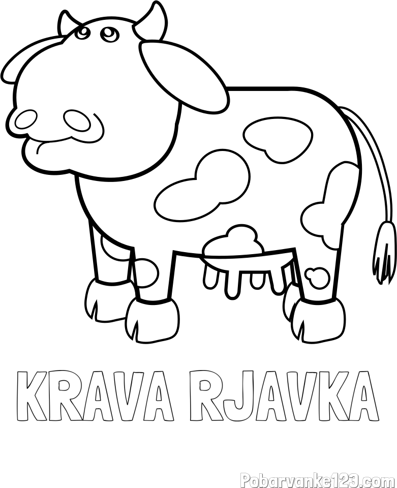 Pobarvanka imena KRAVA RJAVKA in otroška pobarvanka smešne krave