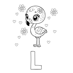 Online izdelana pobarvanka - Pobarvanka imena L in pobarvanka mladička flaminga z rožicami in srčki