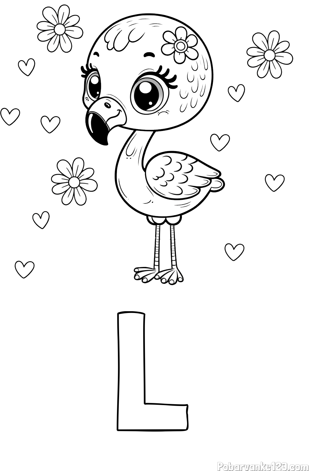 Pobarvanka imena L in pobarvanka mladička flaminga z rožicami in srčki