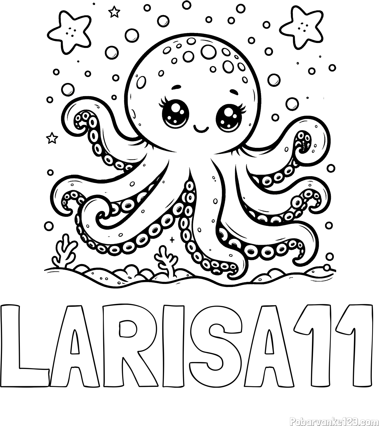Pobarvanka imena LARISA11 in pobarvanka hobotnice v morju obdane z morskimi zvezdami