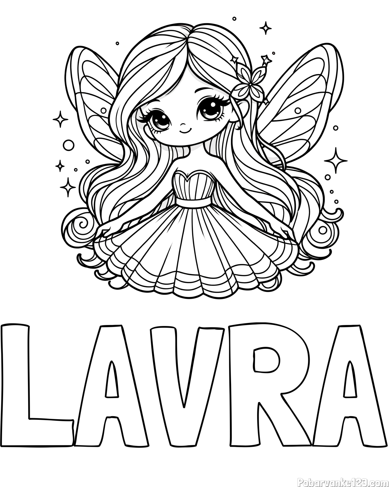 Pobarvanka imena LAVRA in pobarvanka ljubke in nasmejane čarobne vile