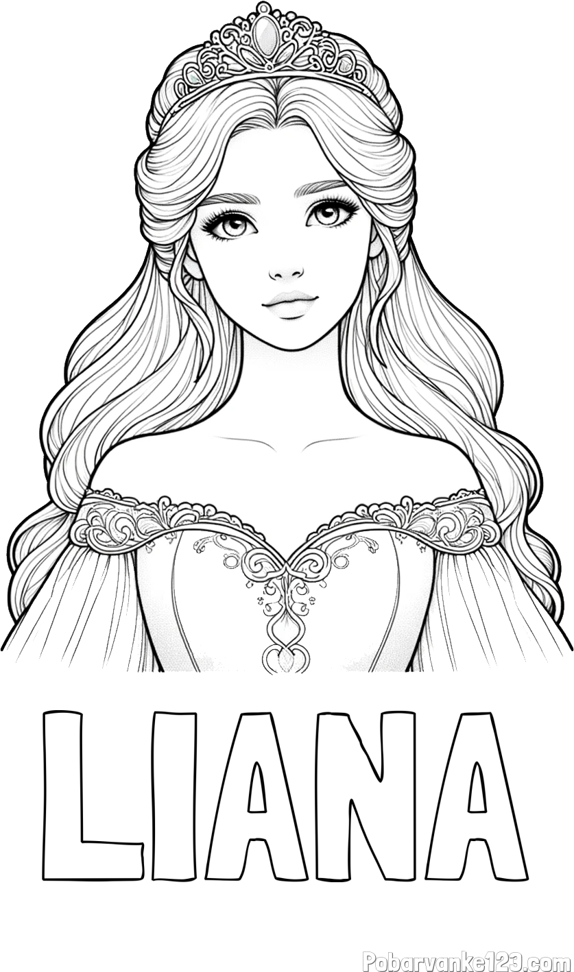 Pobarvanka imena LIANA in pobarvanka realistične princese