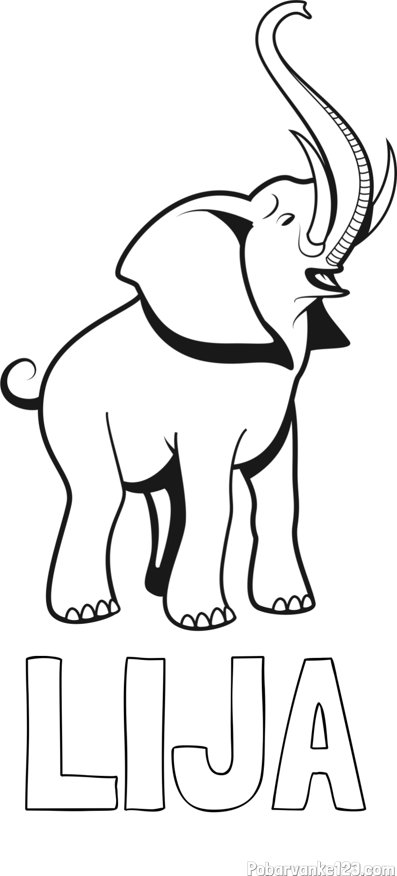 Pobarvanka imena LIJA in pobarvanka slončka z rilcem dvignjenim visoko v zrak