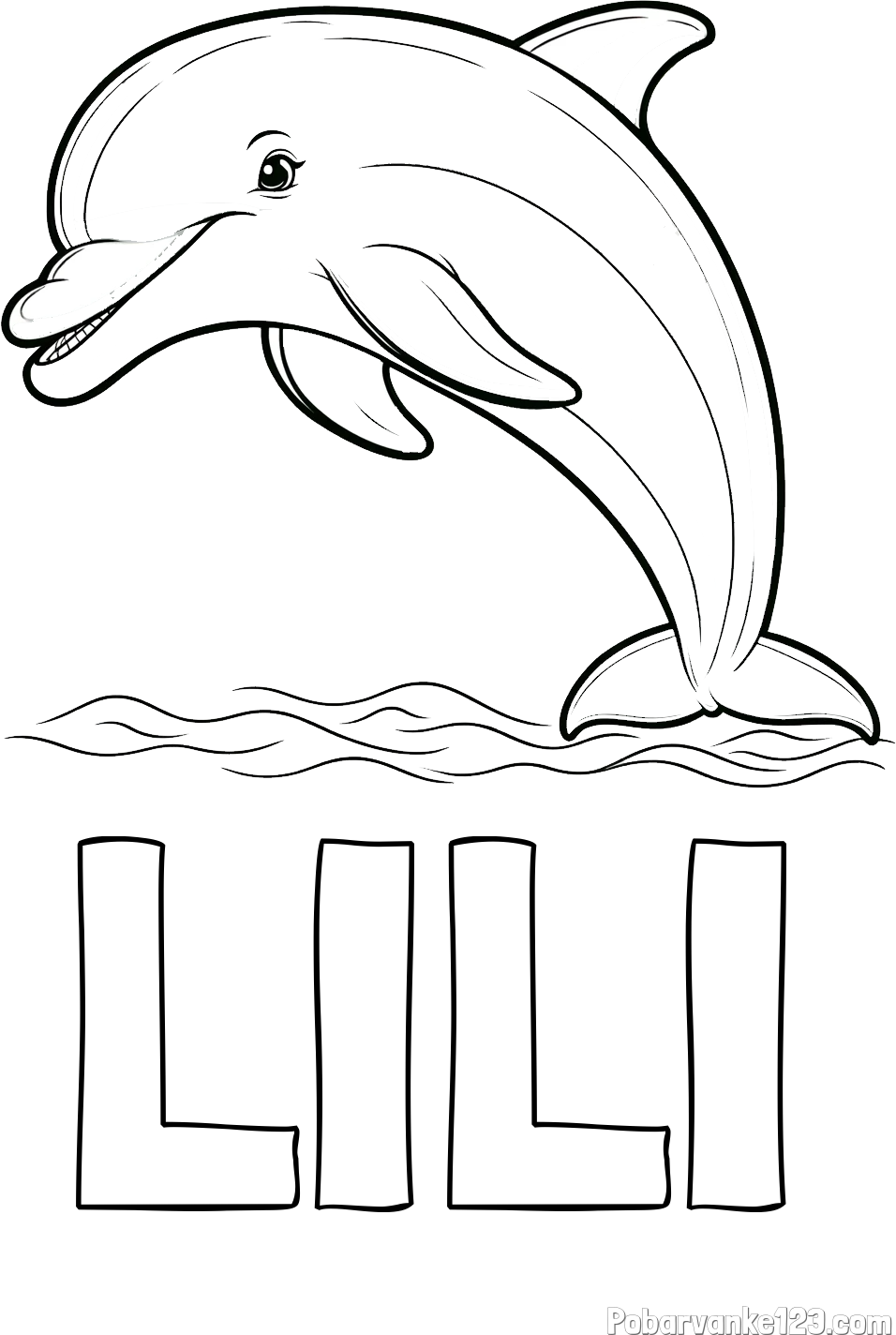Pobarvanka imena LILI in otroška pobarvanka nasmejanega delfina v skoku