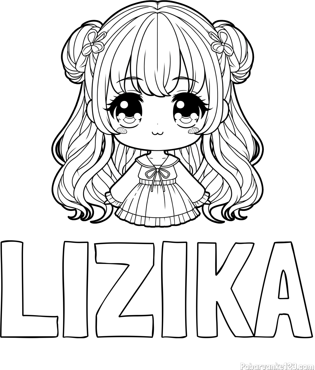 Pobarvanka imena LIZIKA in pobarvanka prikupne punčke v anime slogu