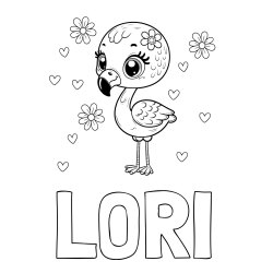 Online izdelana pobarvanka - Pobarvanka imena LORI in pobarvanka mladička flaminga z rožicami in srčki