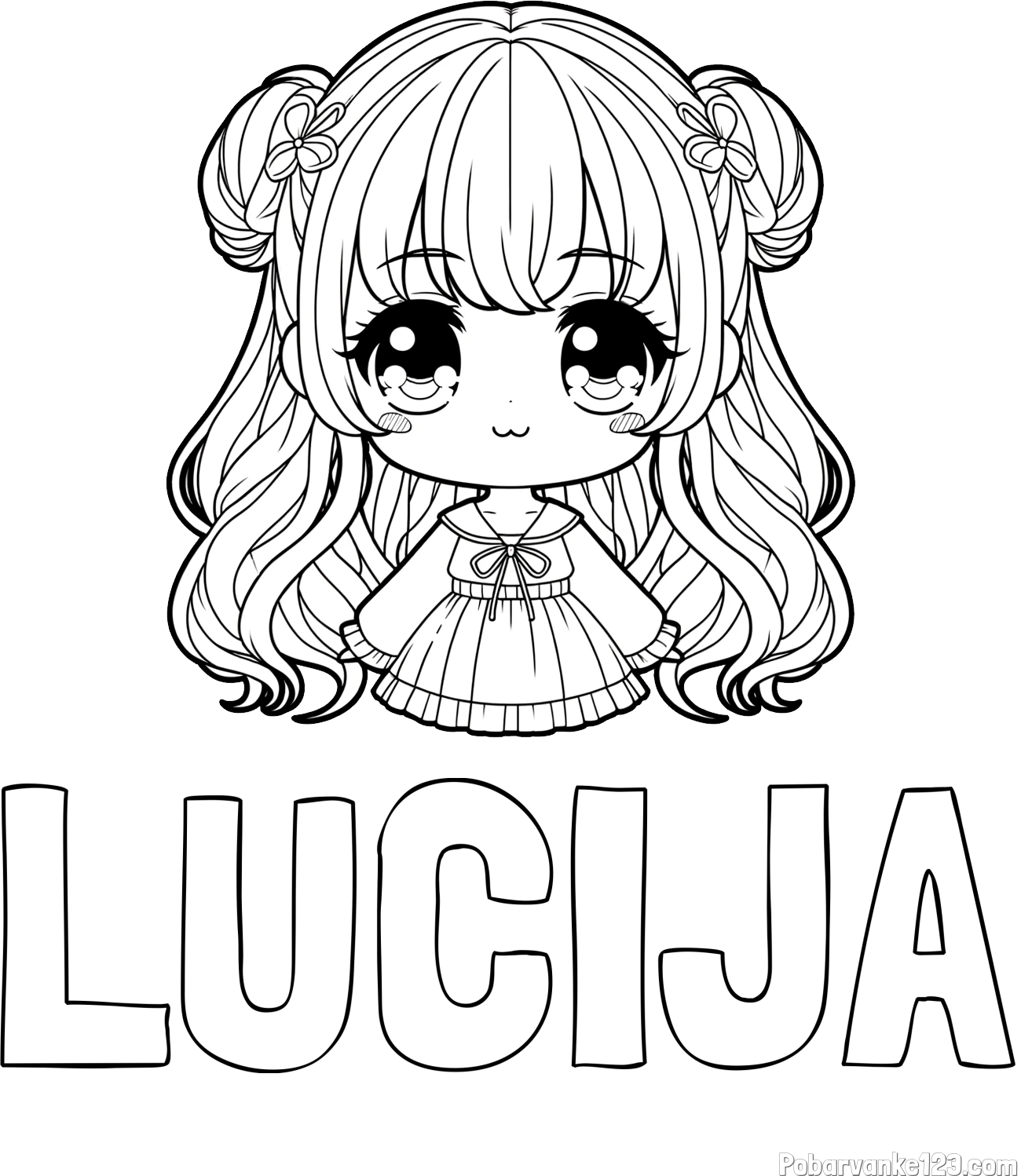 Pobarvanka imena LUCIJA in pobarvanka prikupne punčke v anime slogu