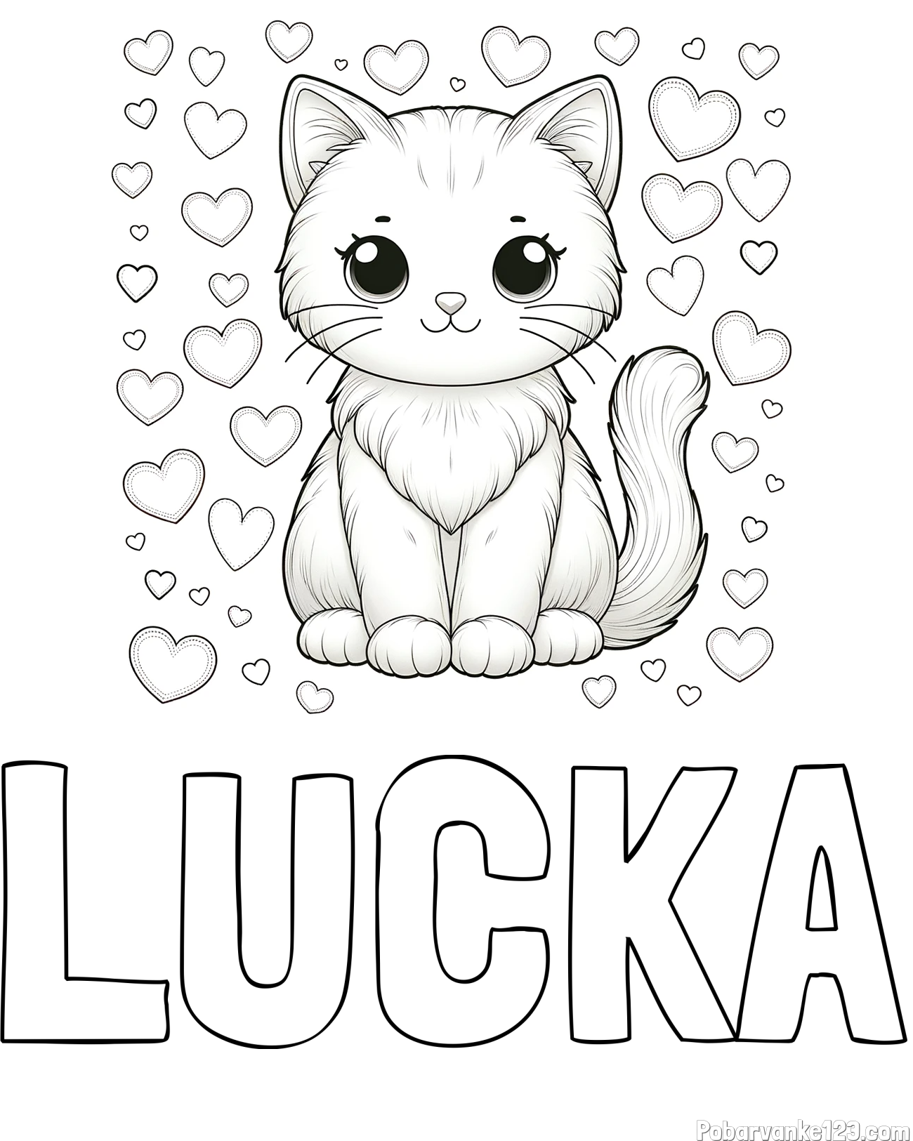Pobarvanka imena LUČKA in pobarvanka ljubke mucke obdane s srčki