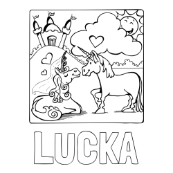 Online izdelana pobarvanka - Pobarvanka imena LUČKA in pobarvanka zaljubljenih samorogov