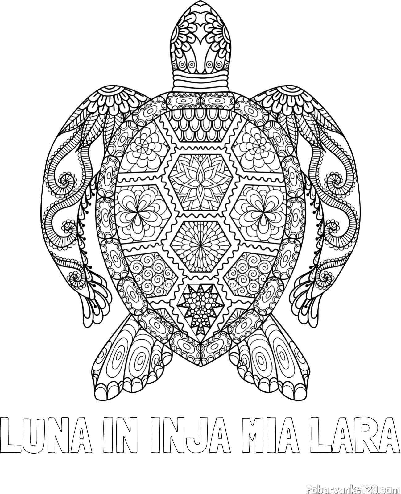 Pobarvanka imena LUNA IN INJA MIA LARA in pobarvanka želve - mandale