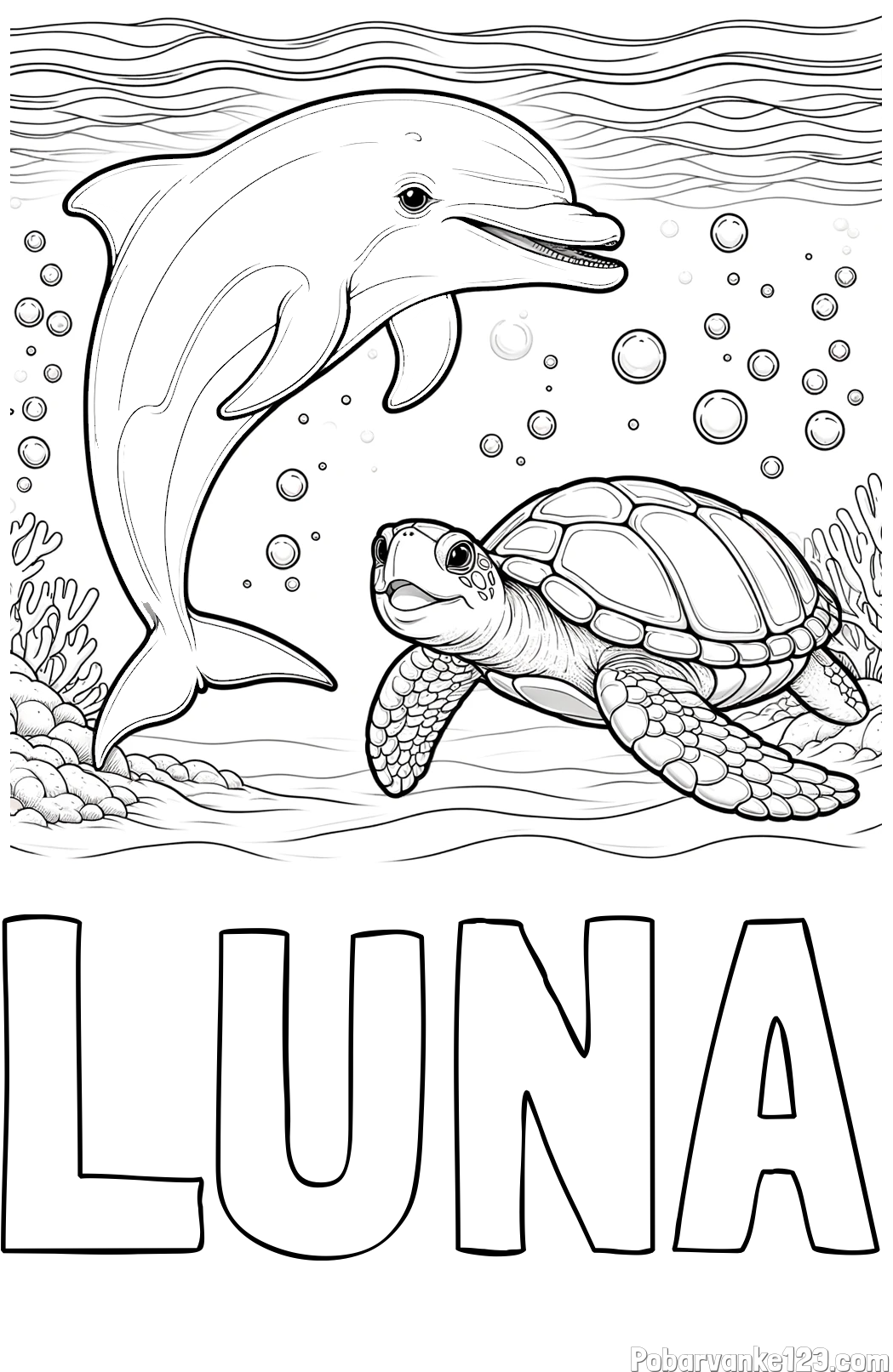 Pobarvanka imena LUNA in pobarvanka ljubkega delfina in njegove prijateljice želve