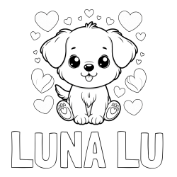 Online izdelana pobarvanka - Pobarvanka imena LUNA LU in pobarvanka ljubkega kužka obdanega s srčki