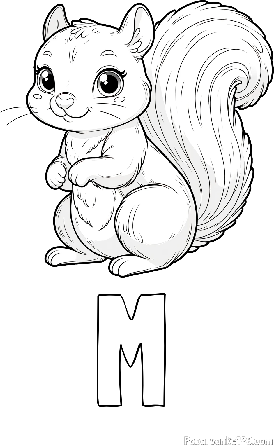 Pobarvanka imena М in pobarvanka zelo ljubke in nasmejane veverice