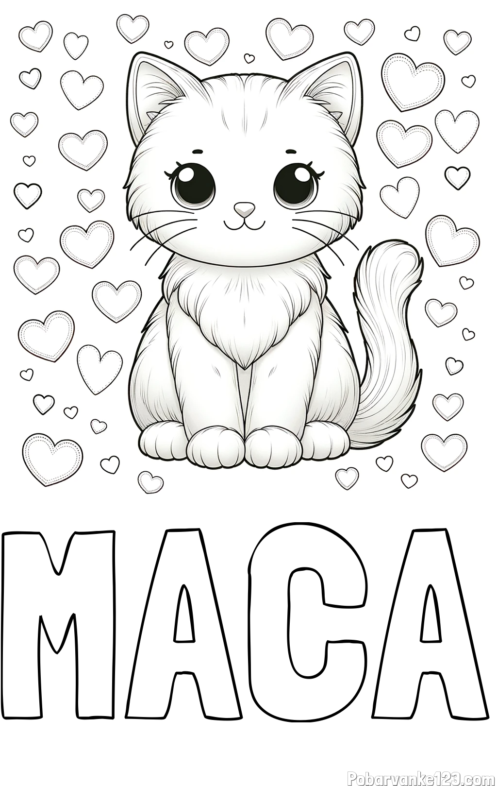 Pobarvanka imena MACA in pobarvanka ljubke mucke obdane s srčki