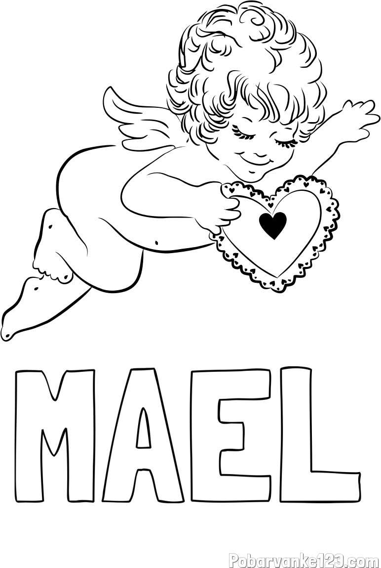 Pobarvanka imena MAEL in pobarvanka angela s srčkom