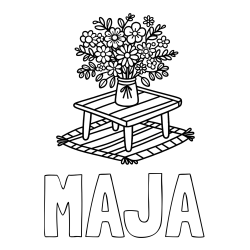 Online izdelana pobarvanka - Pobarvanka imena MAJA in pobarvanka šopka rož na mizi
