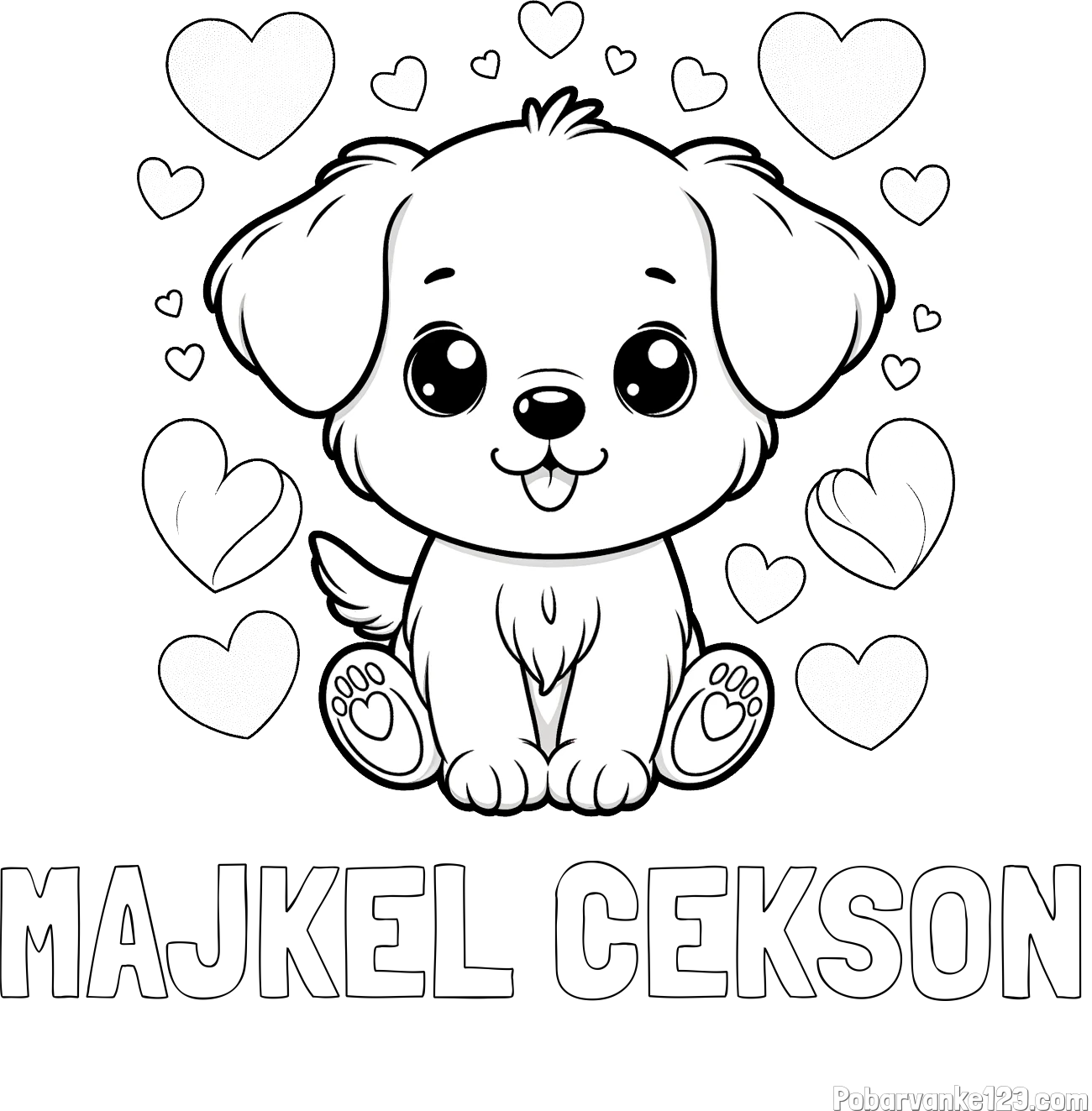 Pobarvanka imena MAJKEL ČEKSON in pobarvanka ljubkega kužka obdanega s srčki