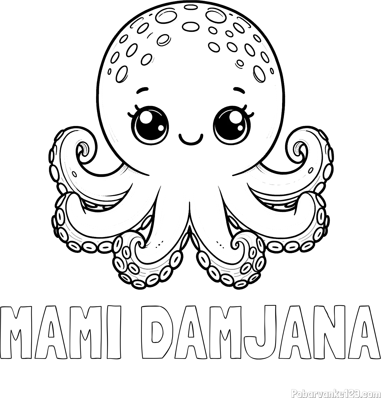 Pobarvanka imena MAMI DAMJANA in otroška pobarvanka ljubke hobotnice
