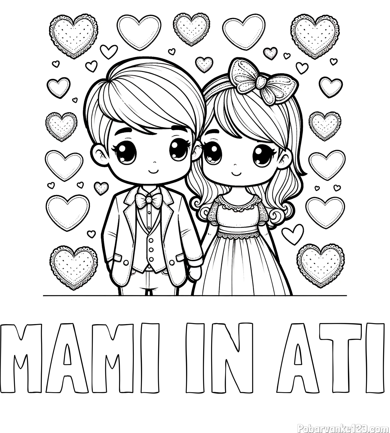 Pobarvanka imena MAMI IN ATI in pobarvanka dveh zaljubljencev s srčki