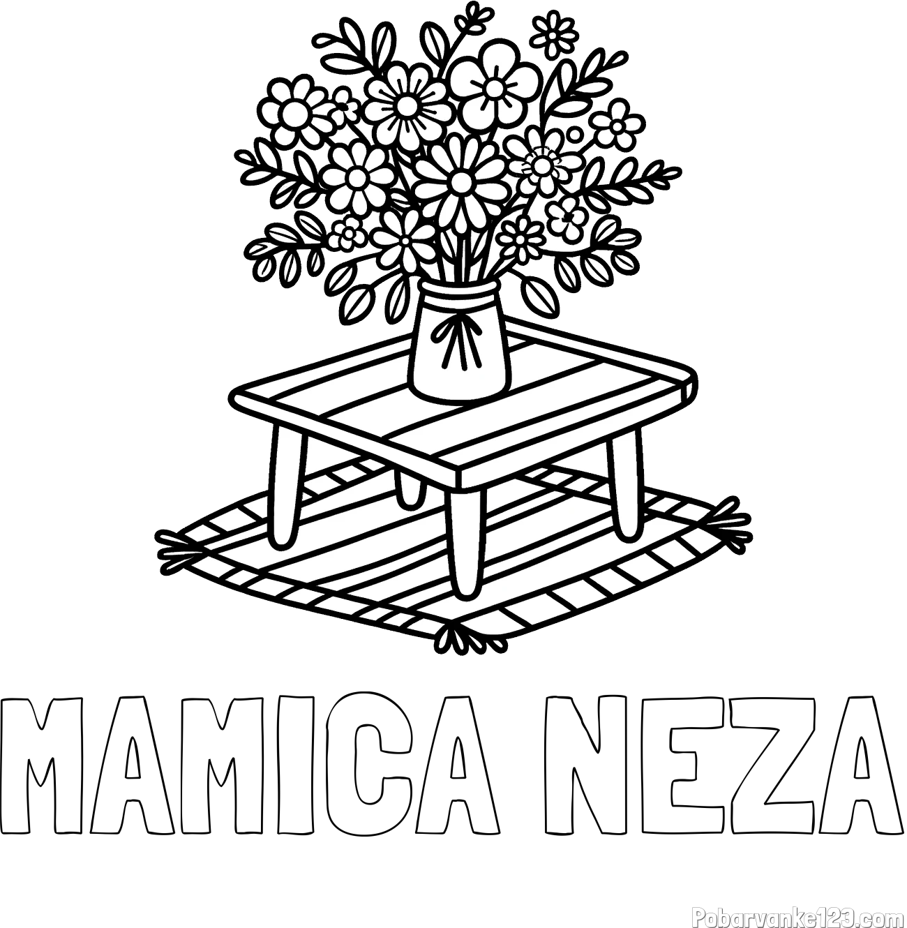 Pobarvanka imena MAMICA NEŽA in pobarvanka šopka rož na mizi