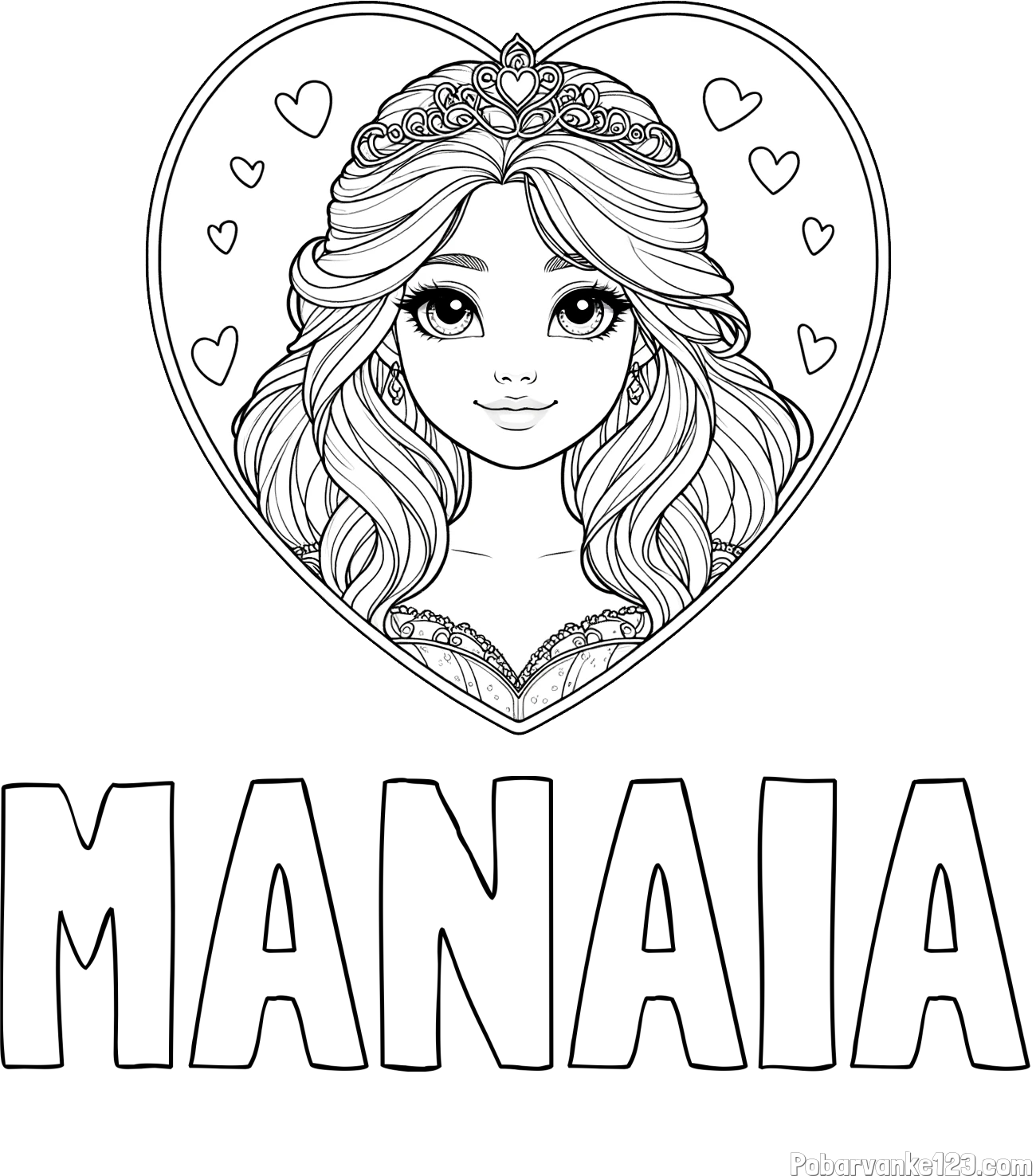 Pobarvanka imena MANAIA in pobarvanka princeske ter srčkov