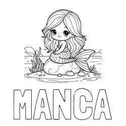 Online izdelana pobarvanka - Pobarvanka imena MANCA in pobarvanka prikupne morske deklice, ki sedi na kamnu ob obali