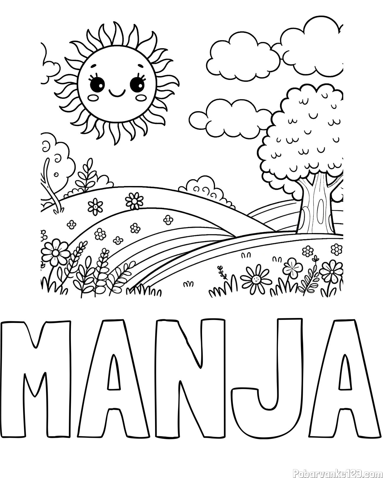 Pobarvanka imena MANJA in otroška pobarvanka narave