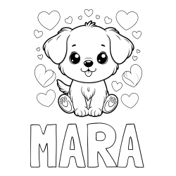 Online izdelana pobarvanka - Pobarvanka imena MARA in pobarvanka ljubkega kužka obdanega s srčki