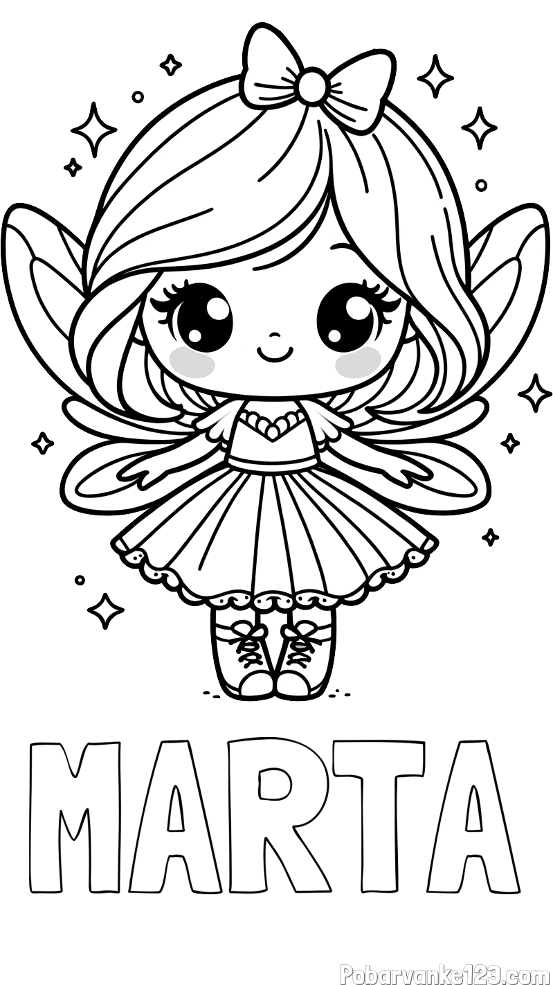 Pobarvanka imena MARTA in pobarvanka čarobne vile z ljubkim obrazom