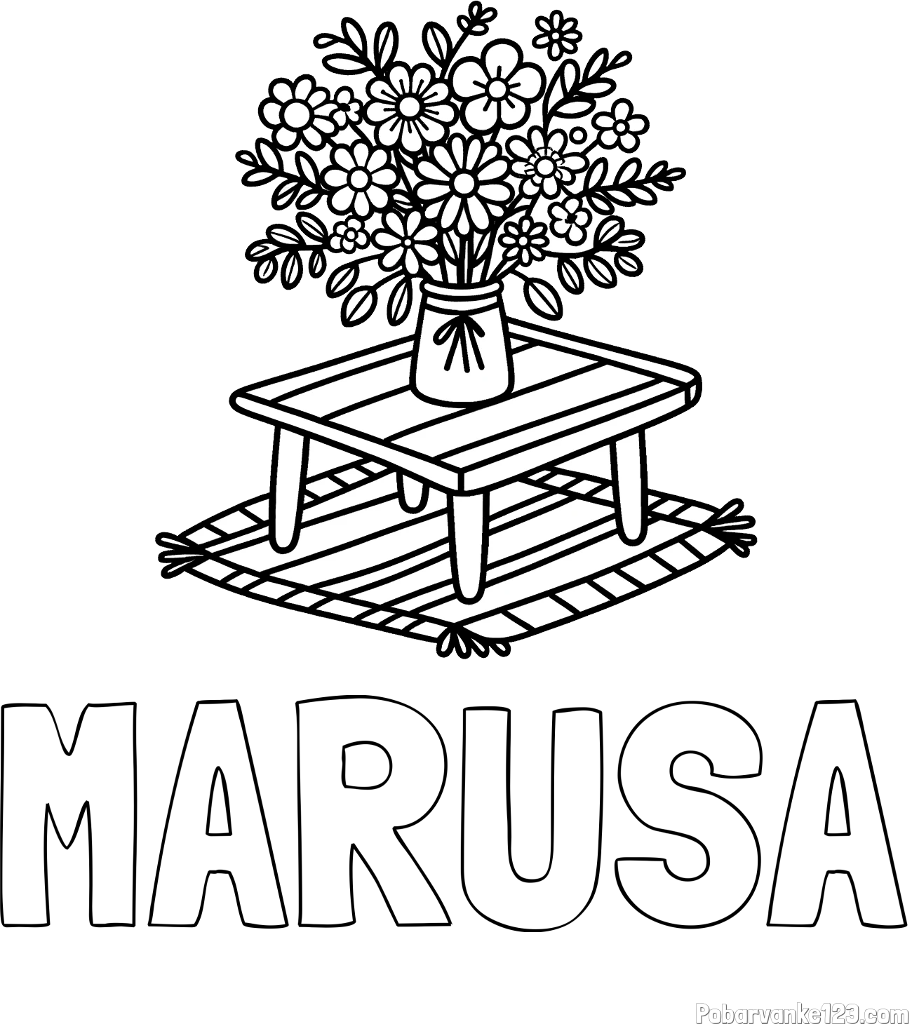 Pobarvanka imena MARUŠA in pobarvanka šopka rož na mizi